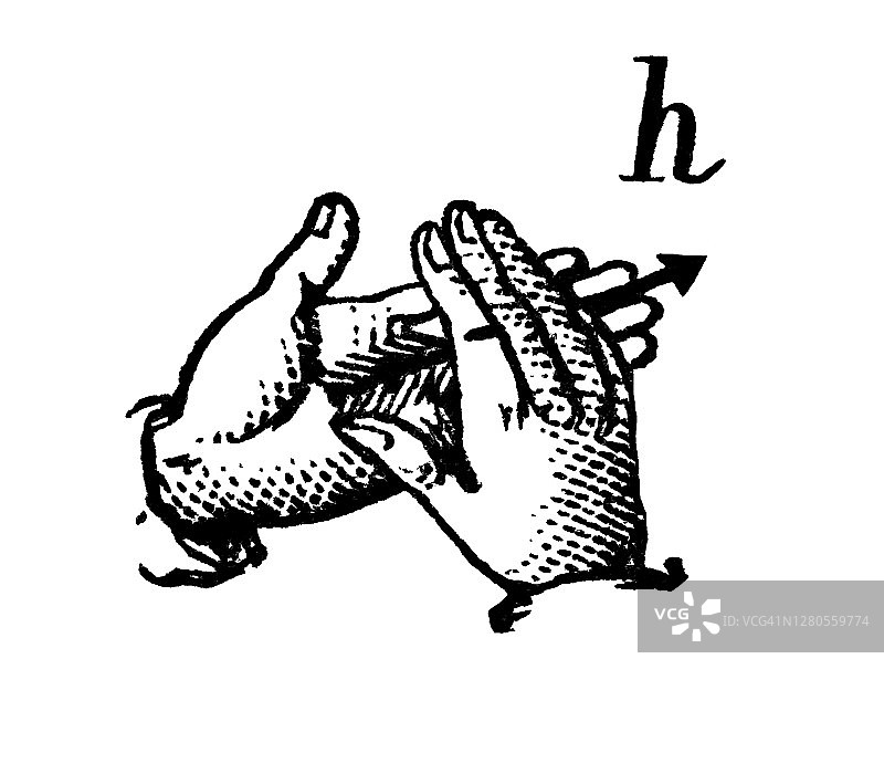 手语字母表：字母H老式雕刻插图图片素材