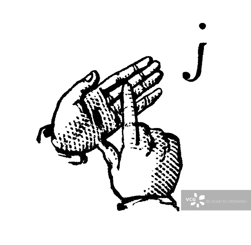 手语字母表 - 手指拼写字母J的古老雕刻插图图片素材