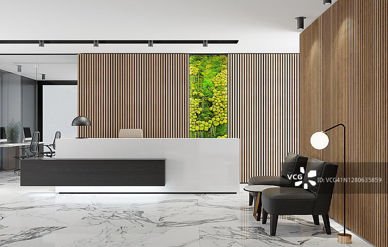 现代办公室大堂内部，长木板背景和接待台，配有绿色生态植物苔藓墙图片素材