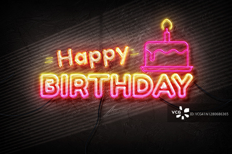 霓虹风格生日快乐，含蛋糕和蜡烛图片素材