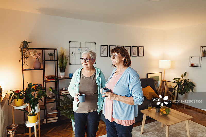 年长的妇女在家喝咖啡，望向窗外图片素材