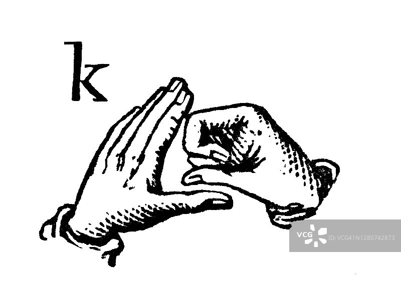 手语字母表 - K字母指拼古老雕刻插图图片素材
