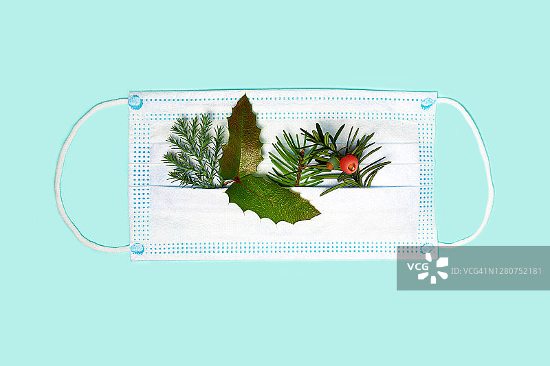 带有圣诞树枝飞溅的医用口罩图片素材