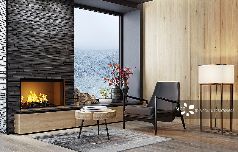 带壁炉的现代乡村别墅客厅图片素材