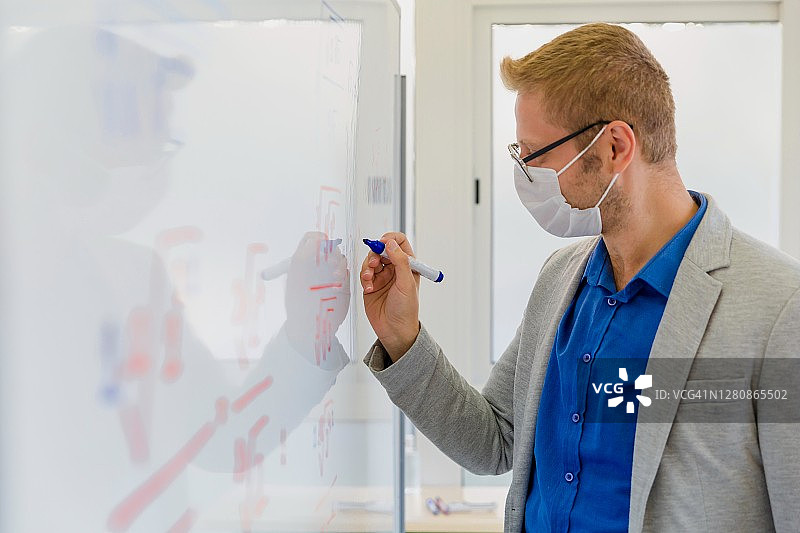 年轻男老师戴着口罩在教室白板上写字图片素材