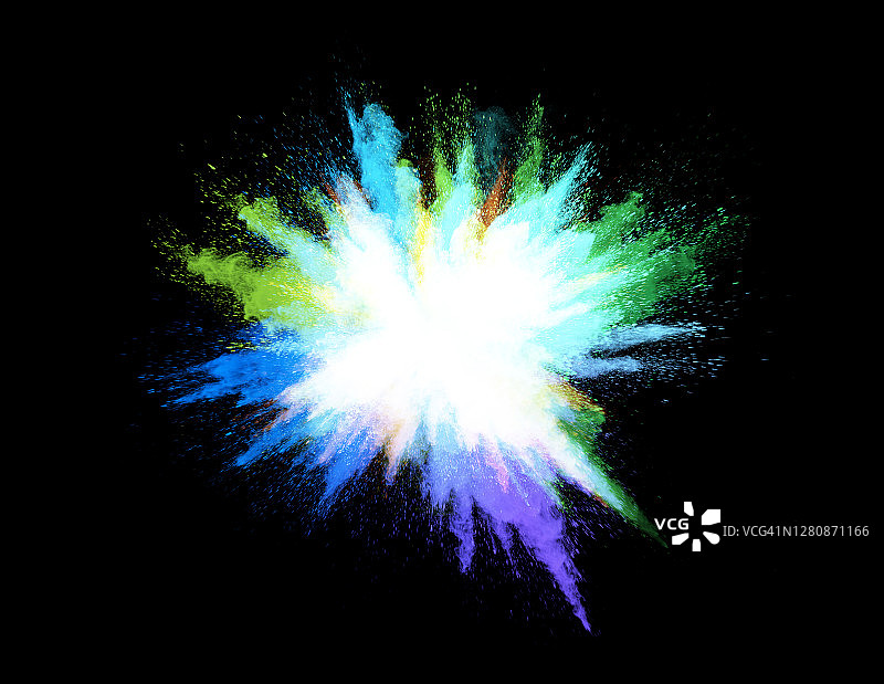 粉末颗粒云冲击爆炸，在黑色背景上呈现彩色图片素材
