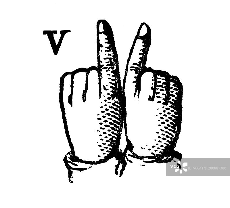 手语字母表古老雕刻插图 - 手指拼写，字母V图片素材