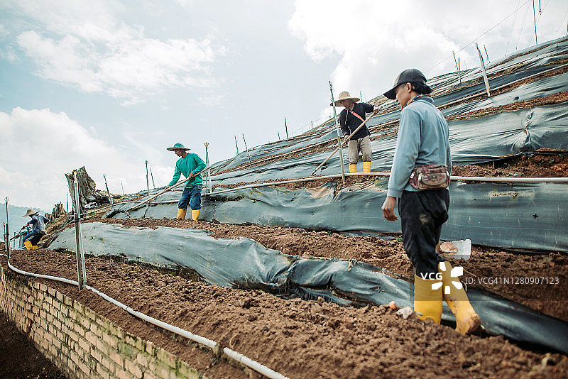 在山坡上用锄头挖土的亚裔男农民图片素材