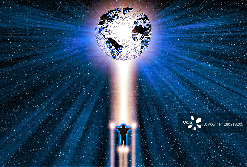 漂浮在蓝色光空间中的抽象人物插图，控制数字世界未来科技连接概念图片素材