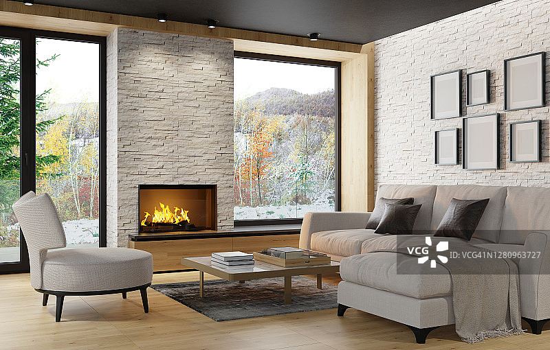 现代斯堪的纳维亚风格乡村别墅，配有壁炉和白色板岩墙的简约内饰图片素材