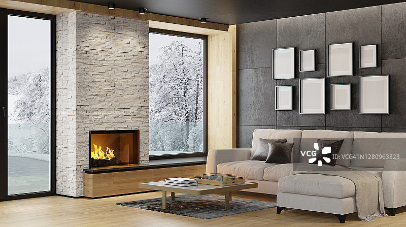 现代斯堪的纳维亚风格乡村别墅，配有壁炉和白色板岩墙的简约内饰图片素材