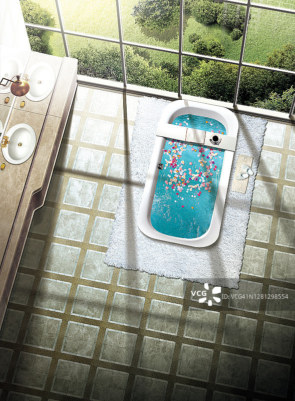 浴室梳妆台浴缸窗户花卉地毯室内3D渲染图片素材