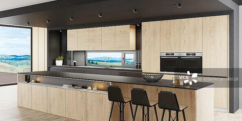 豪华哑光黑色极简厨房内景，配有长岛桌和木制橱柜图片素材