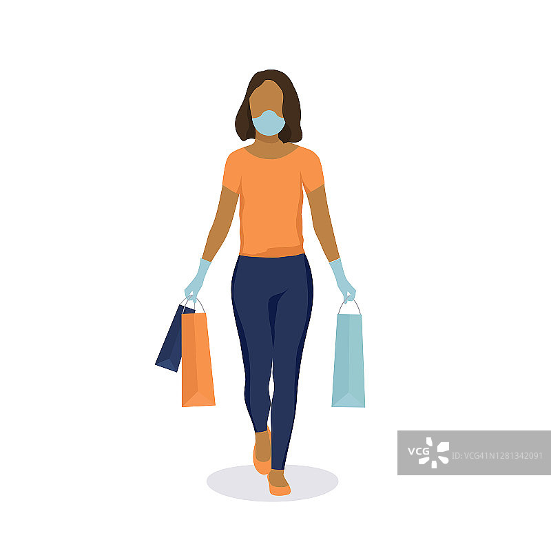 戴着防护口罩和医用手套的深色皮肤非洲裔女孩图片素材