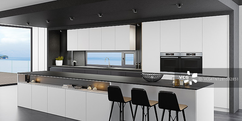 带长岛台的奢华哑光黑白简约意大利风格厨房内饰图片素材