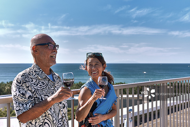 年长夫妇在自家屋顶上敬酒图片素材