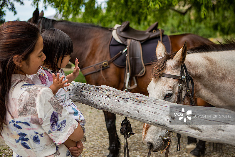 母亲在新西兰卡德罗纳向女儿展示马匹图片素材