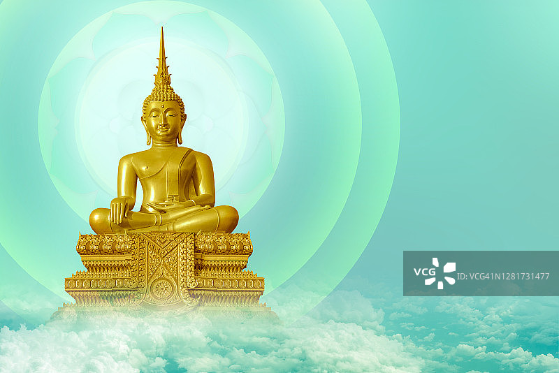 佛主在橙色背景的莲花上冥想（佛教题材）图片素材