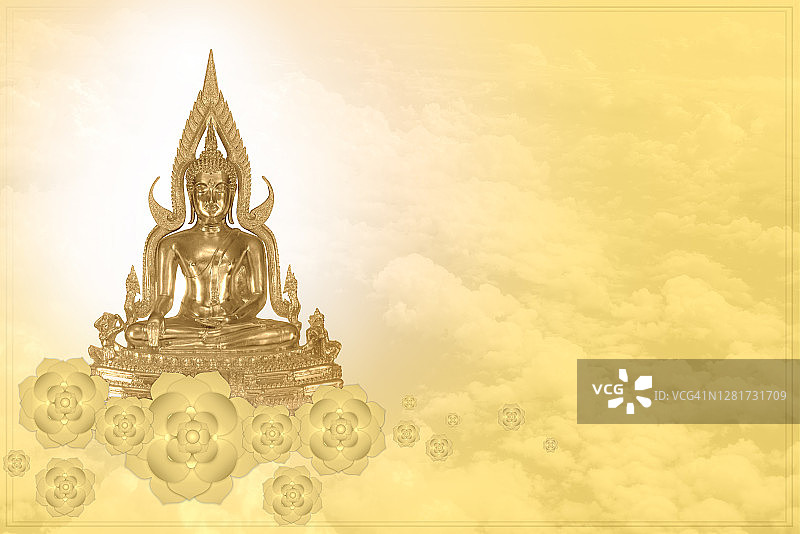 佛主在橙色背景的莲花上冥想（佛教题材）图片素材