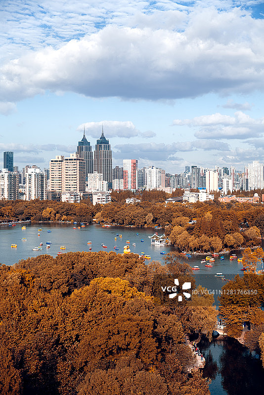 秋季城市公园及城市天际线鸟瞰图图片素材