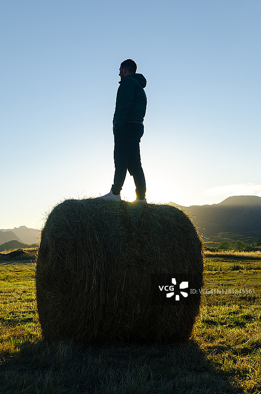 站在草垛上的青少年男子背影图片素材