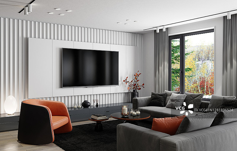 带8K电视屏幕的现代简约公寓室内客厅图片素材