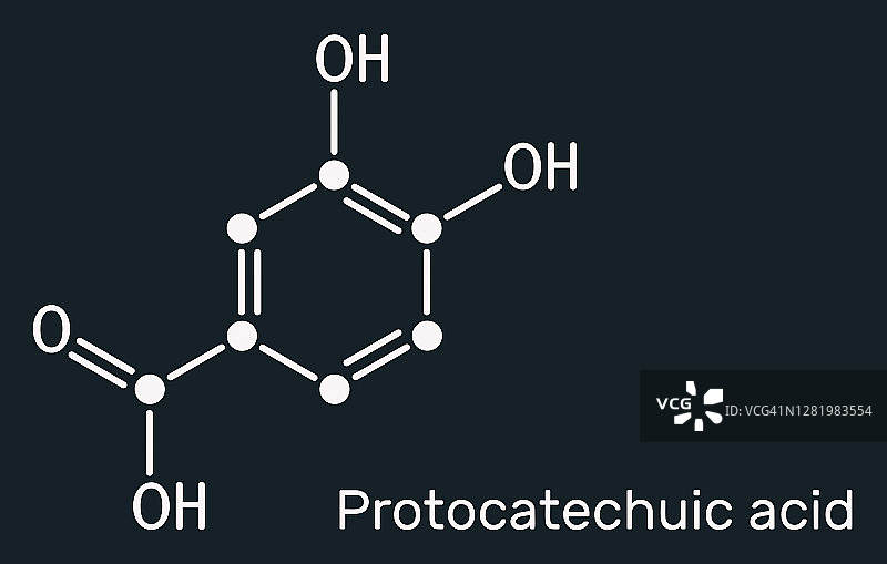 原儿茶酸分子结构，深蓝色背景上的骨架化学式图片素材
