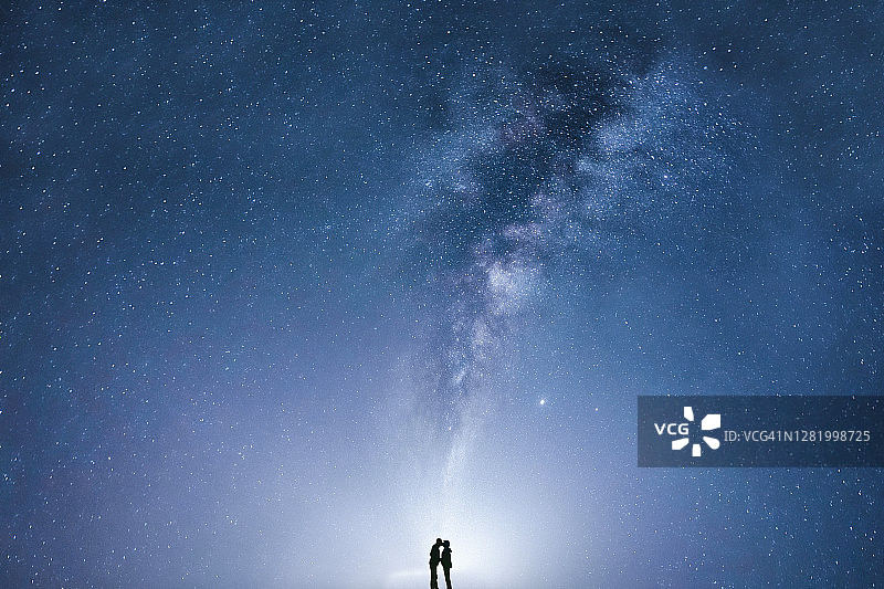 银河下接吻的情侣剪影图片素材