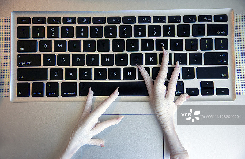 代表人手的两只鸡爪在电脑键盘上，表示对电脑和技术的恐惧图片素材