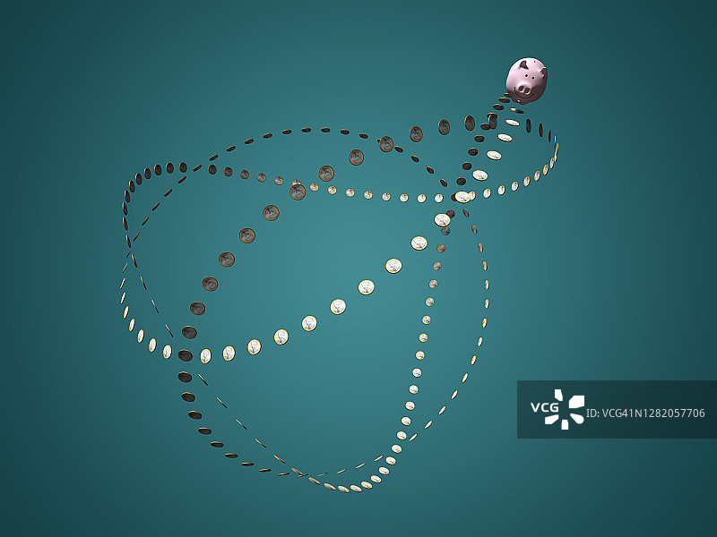在流通硬币（1欧元硬币）线上奔跑的小猪储蓄罐图片素材