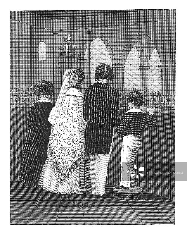 参加宗教庆典的家庭古老雕刻插图图片素材