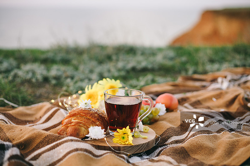 秋季户外野餐，棕色格子呢，热茶，羊角面包，苹果和鲜花与天然草地背景图片素材