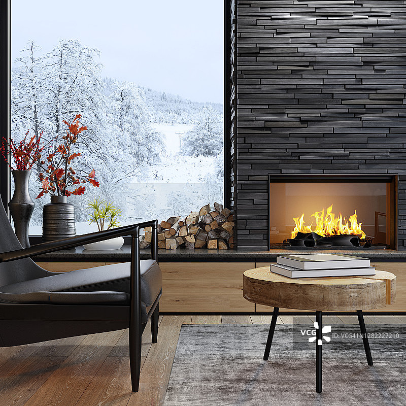 现代斯堪的纳维亚风格简约客厅，带黑色石板壁炉图片素材