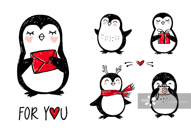 涂鸦企鹅手绘趣味动物矢量企鹅角色草图图片素材