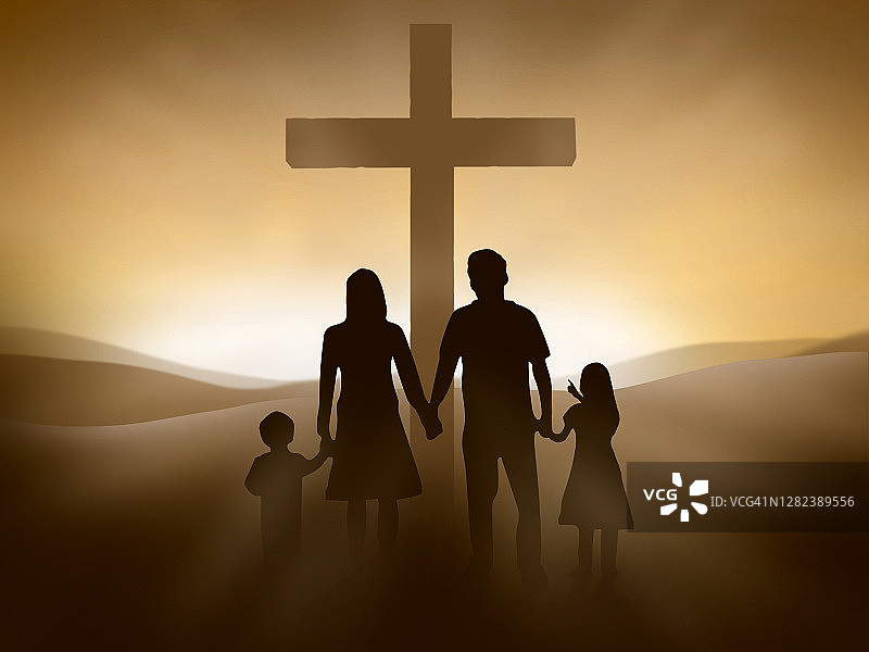 耶稣基督十字架下的家庭图片素材