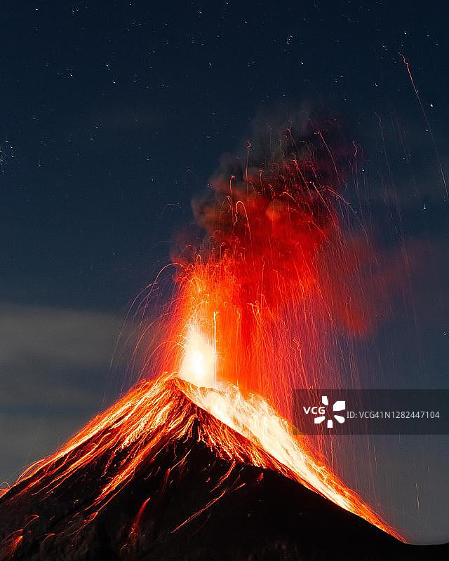 喷出熔岩和烟雾的发光火山：危地马拉富埃戈火山夜间火山爆发图片素材