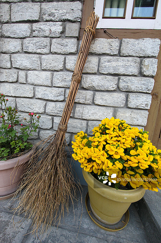 尼泊尔住宅外的自制扫帚和盆栽黄色花卉图片素材