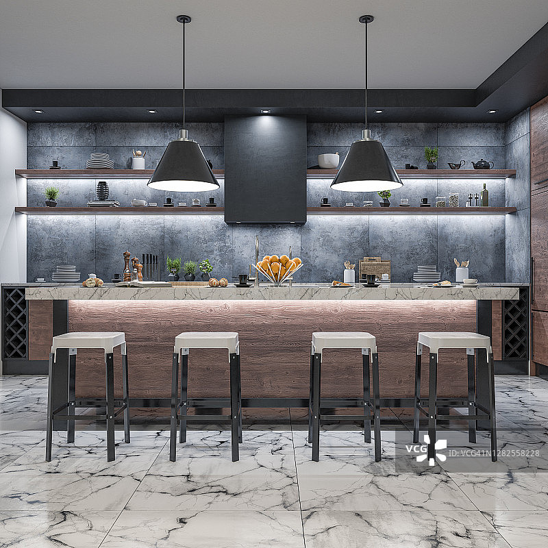 带厨房台面和吧台凳的现代豪华厨房图片素材