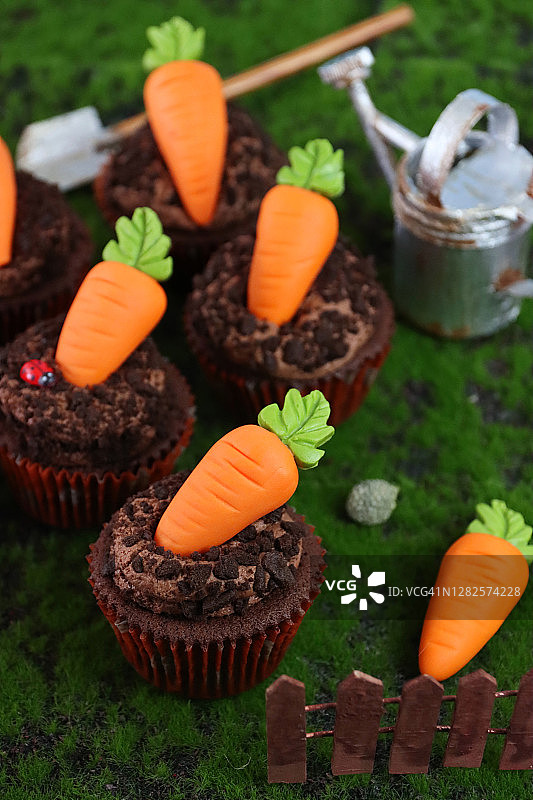 自制巧克力纸杯蛋糕配巧克力糖霜、胡萝卜和园艺工具图片素材