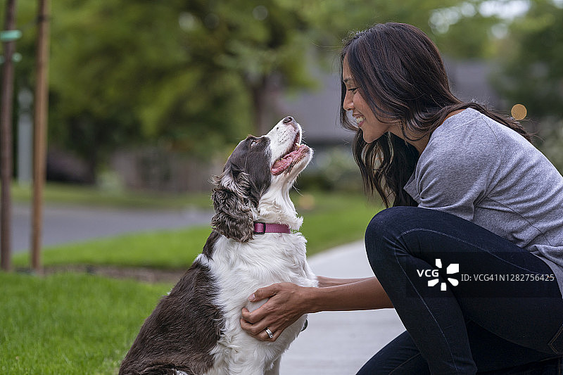 快乐的欧亚混血女人和宠物狗玩耍图片素材