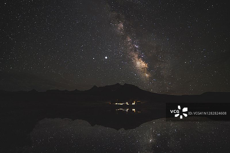 科罗拉多州里奇韦和特柳赖德附近，Last Dollar牧场池塘上方的银河倒影图片素材