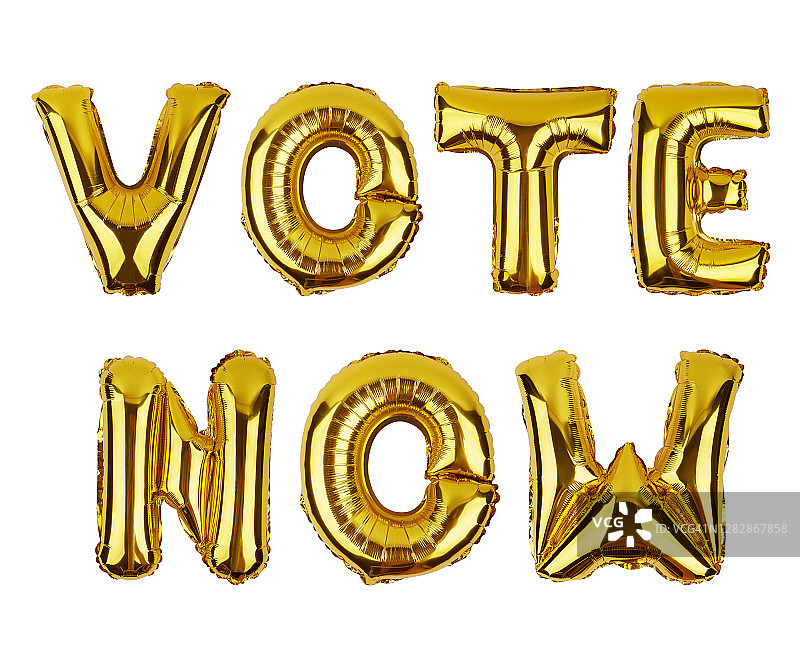 “立即投票”字样的箔气球，白色背景图片素材