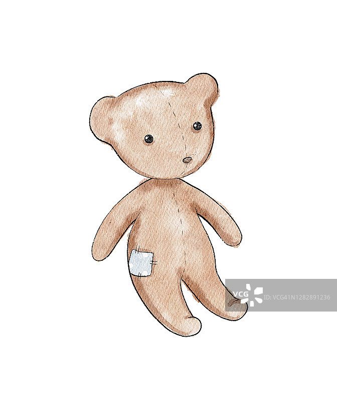 水彩复古卡通棕色泰迪熊玩具速写图片素材