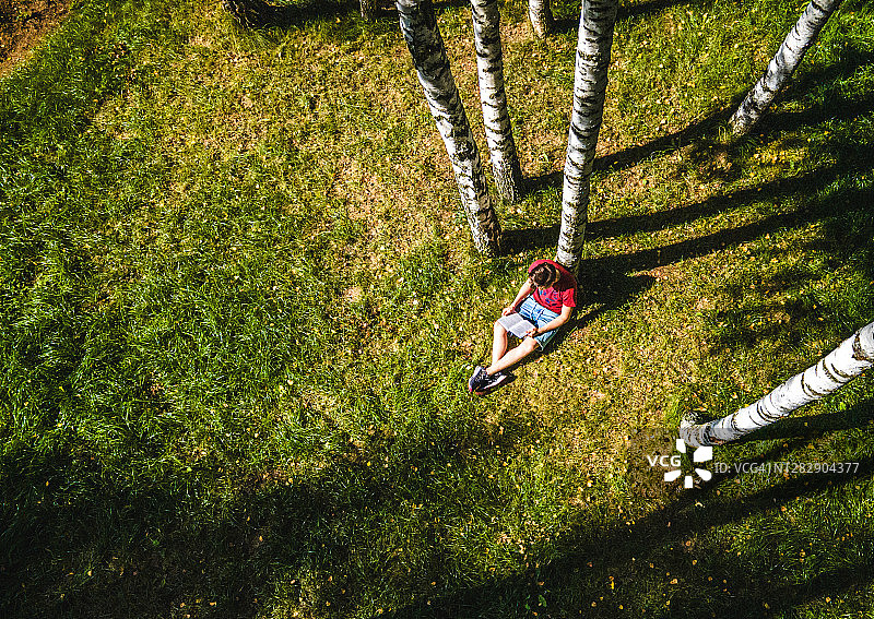 在宁静的白桦林中阅读书籍图片素材