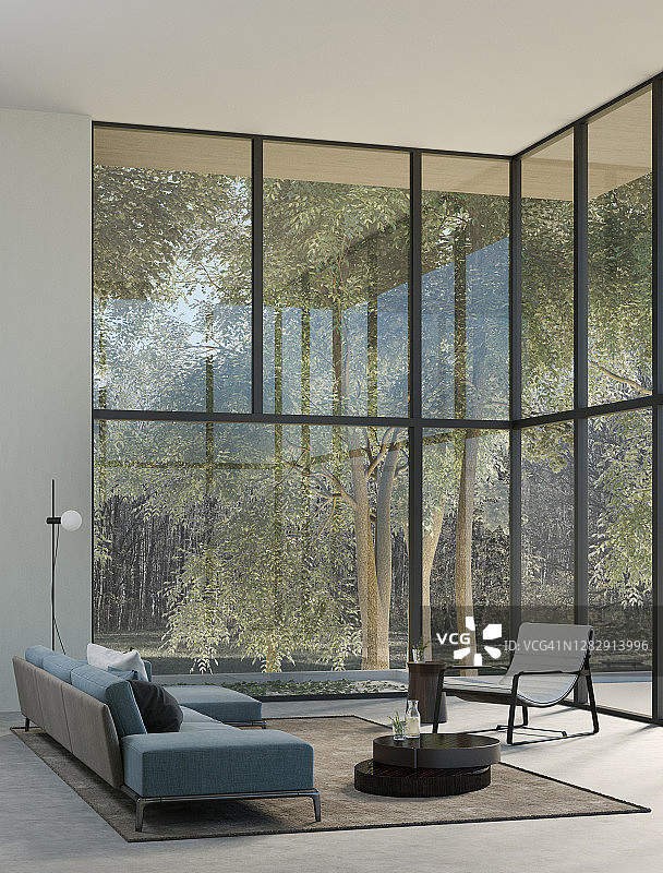 现代客厅，享有森林景观图片素材