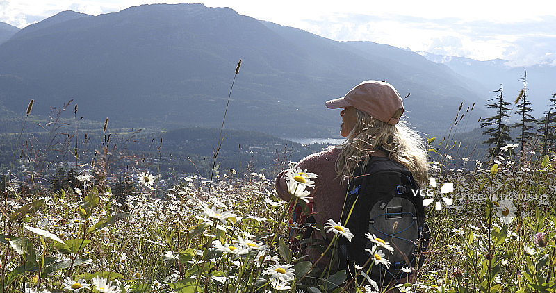 徒步旅行者在早晨在阿尔卑斯草甸放松图片素材