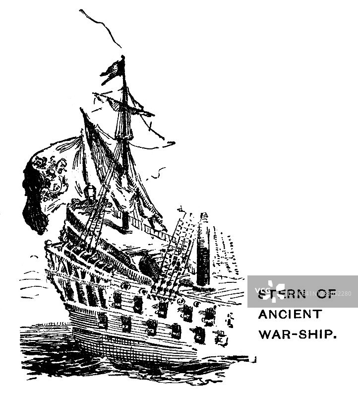 古代战舰船尾的复古插画图片素材