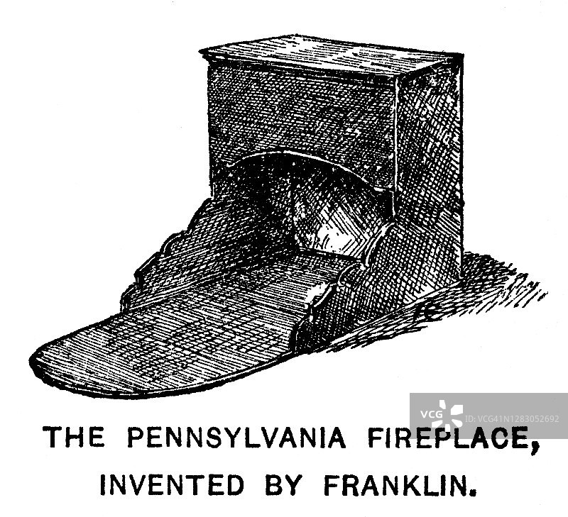 富兰克林火炉或宾夕法尼亚壁炉古老雕刻插图图片素材