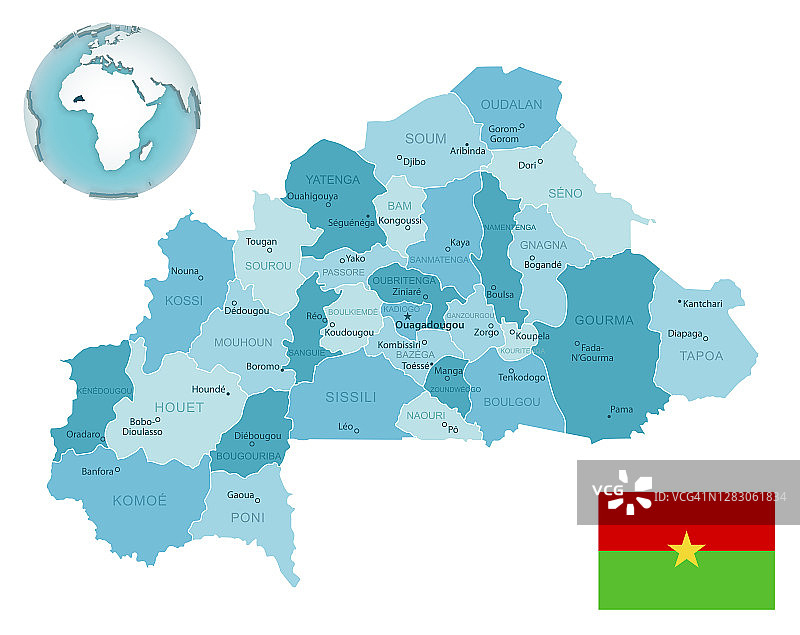 布基纳法索行政蓝绿色地图，带有国旗和地球上的位置图片素材