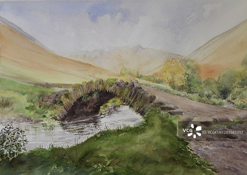 驮马桥水彩画图片素材